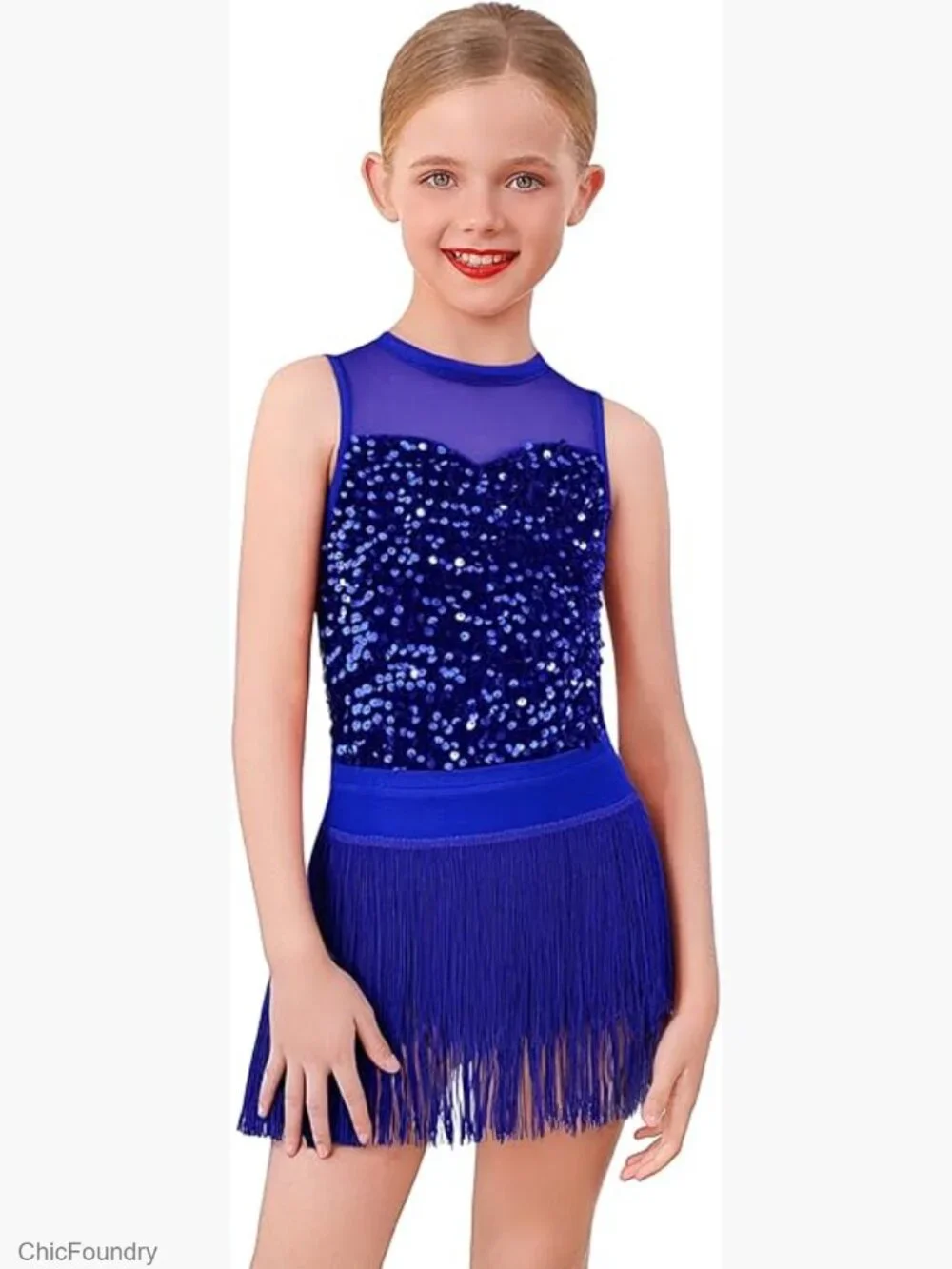 2PCS Girls Sequin Fringe Bodysuit & Tassel Skirt Dance Outfit